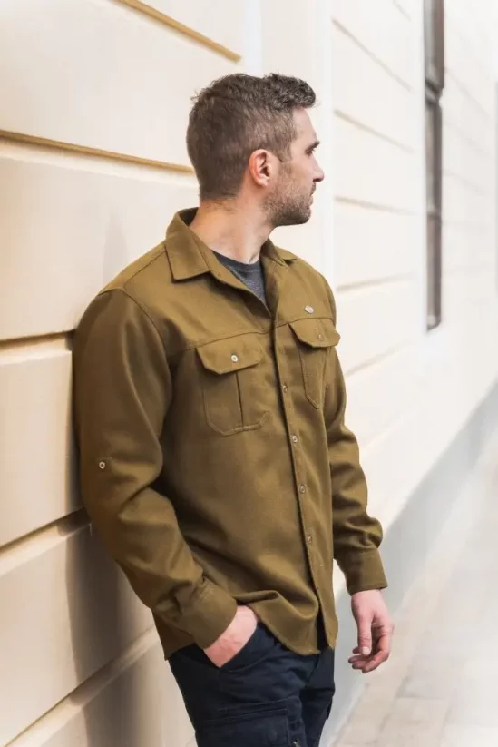 Pánska merino košeľa Trapper zelená khaki - dlhý rukáv - Veľkosť: L