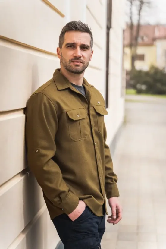 Pánska merino košeľa Trapper zelená khaki - dlhý rukáv - Veľkosť: XXL