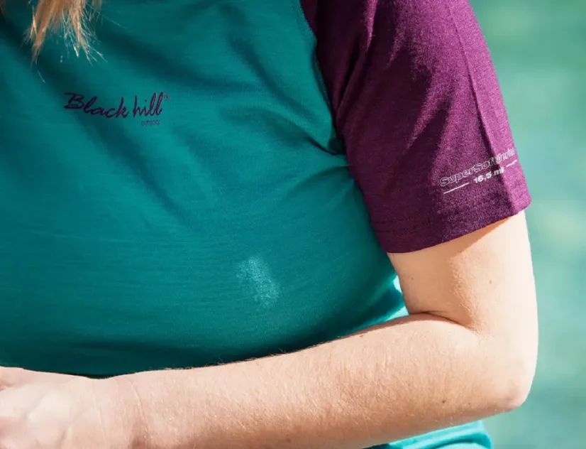 Dámske merino tričko KR UVprotection140 - smaragd/lila - Veľkosť: M
