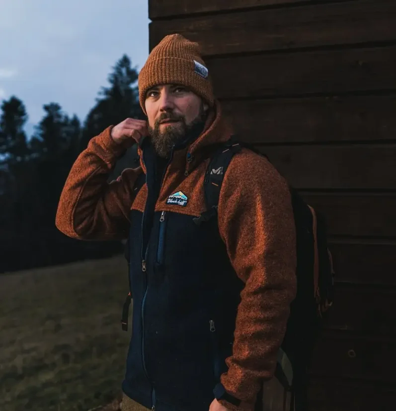 Pánská merino bunda GORAZD cihlová/modrá