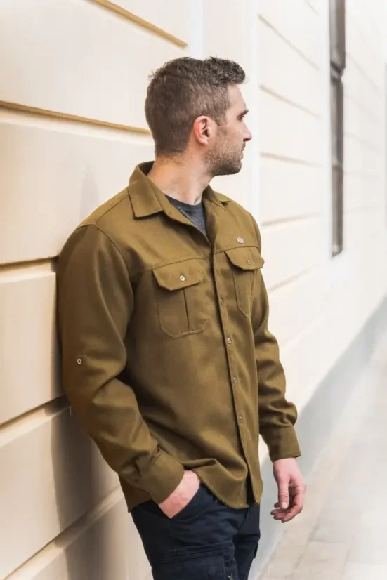 Pánska merino košeľa Trapper zelená khaki - dlhý rukáv - Veľkosť: XXL