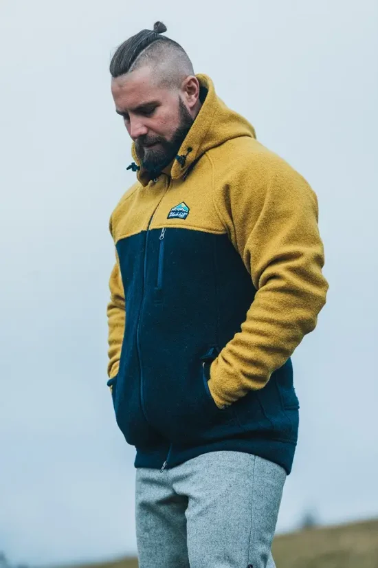 Pánska merino bunda STRIBOG II s podšívkou Voack horčicová/modrá - Veľkosť: S